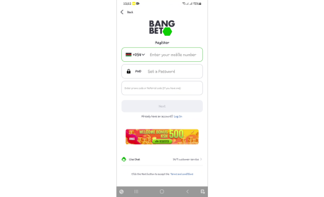 Create a BangBet Account viа the Mоbilе Phone App step 2