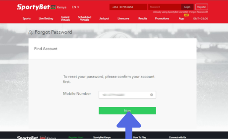 SportyBet's Password Recovery step 2